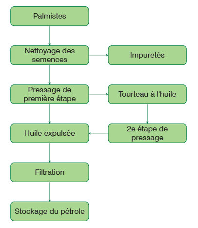 Schéma de procédé de la presse mécanique à amandes de palmiste dans une huilerie